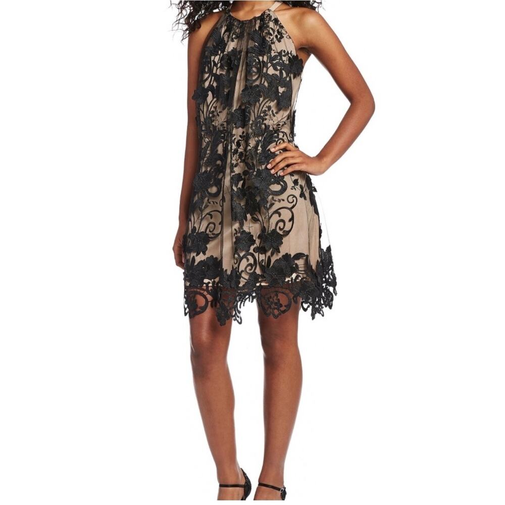 Belle Badgley Mischka Nia Lace Overlay Halter Mini Dress Women's 14 Black Fairy